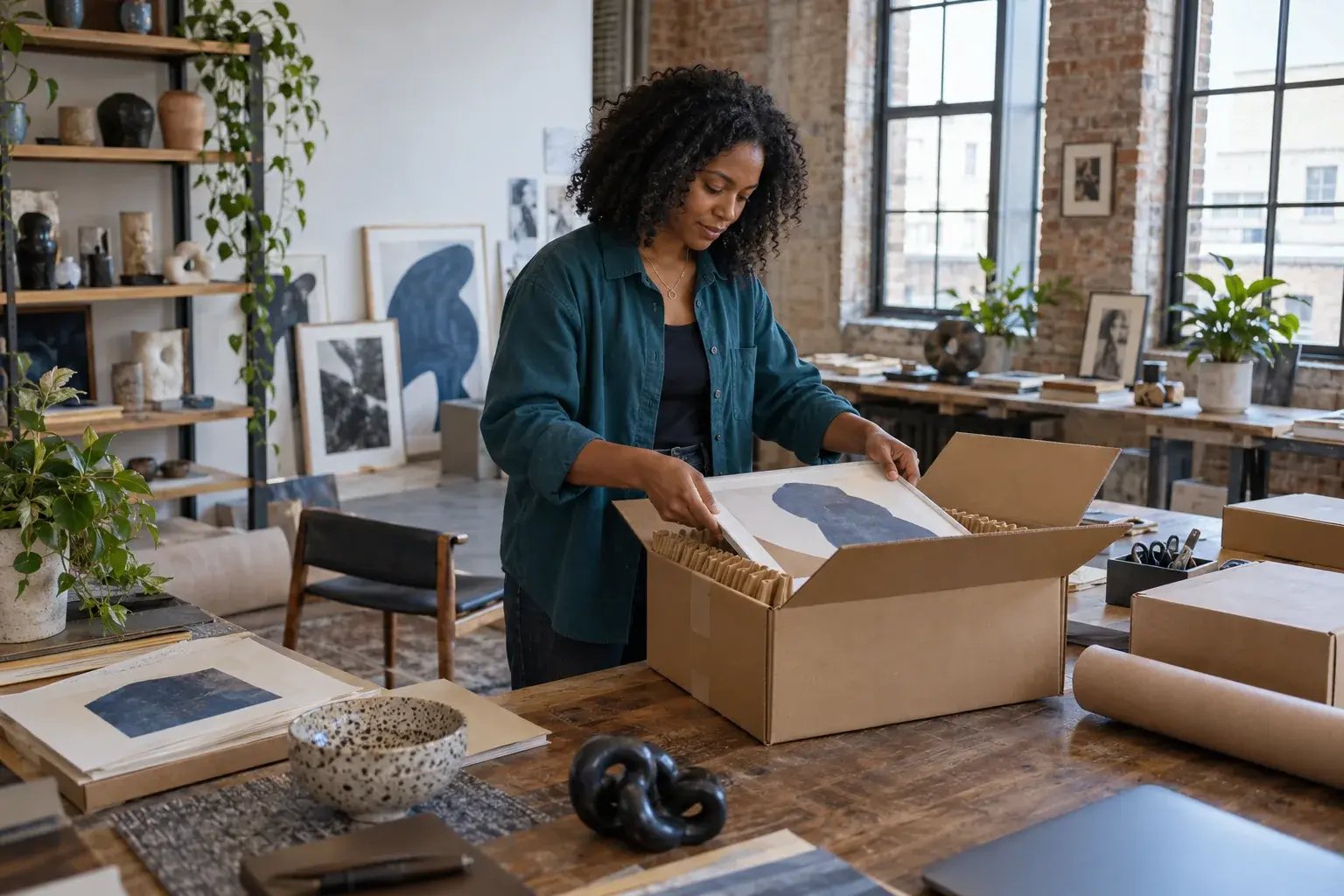 Une entrepreneure choisissant une boîte adaptée à un produit. Produits : estampes et objets de design.