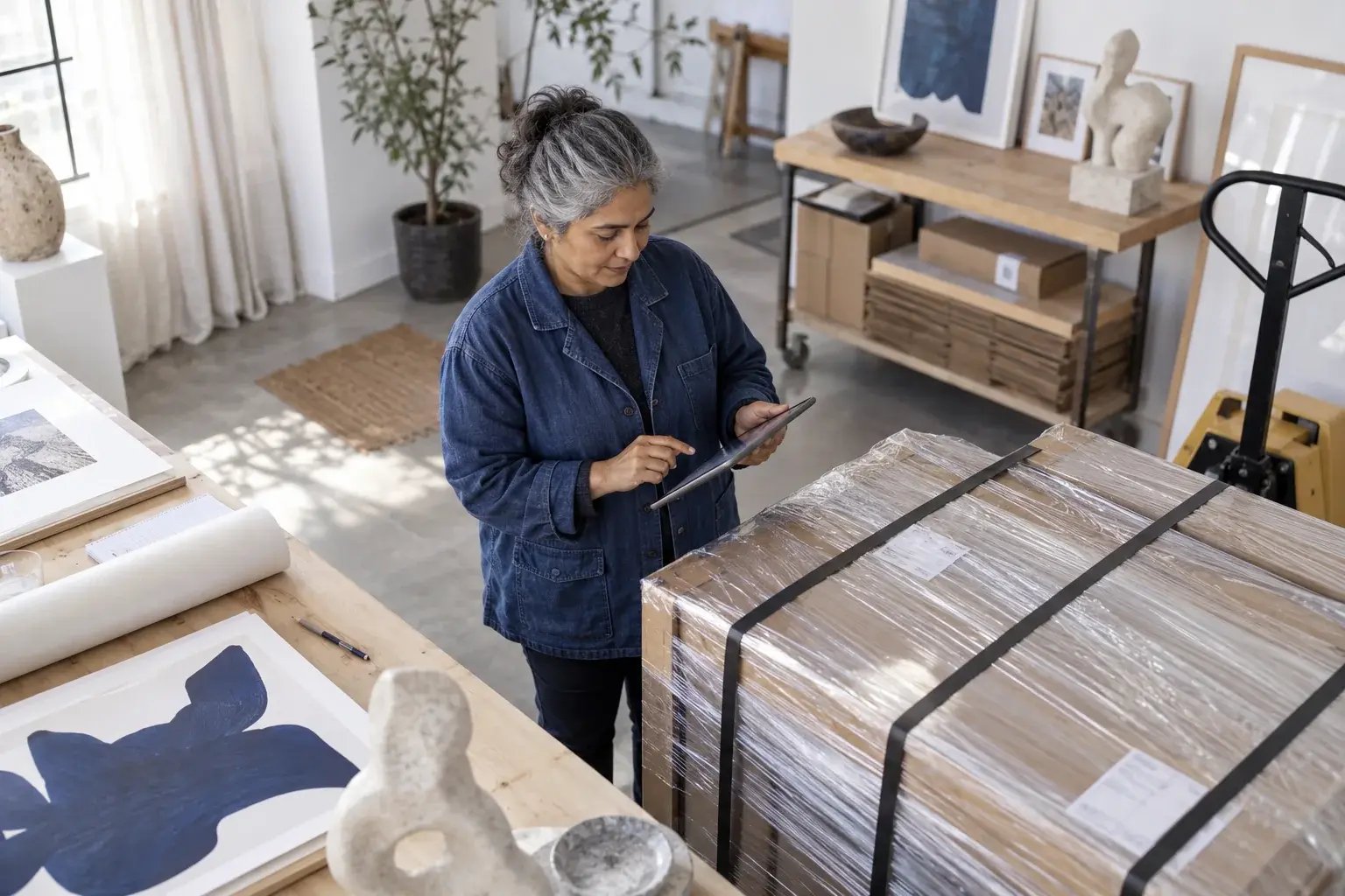 Une professionnelle vérifiant une commande sur palette à l’aide d’une tablette. Produits : estampes et objets de design.