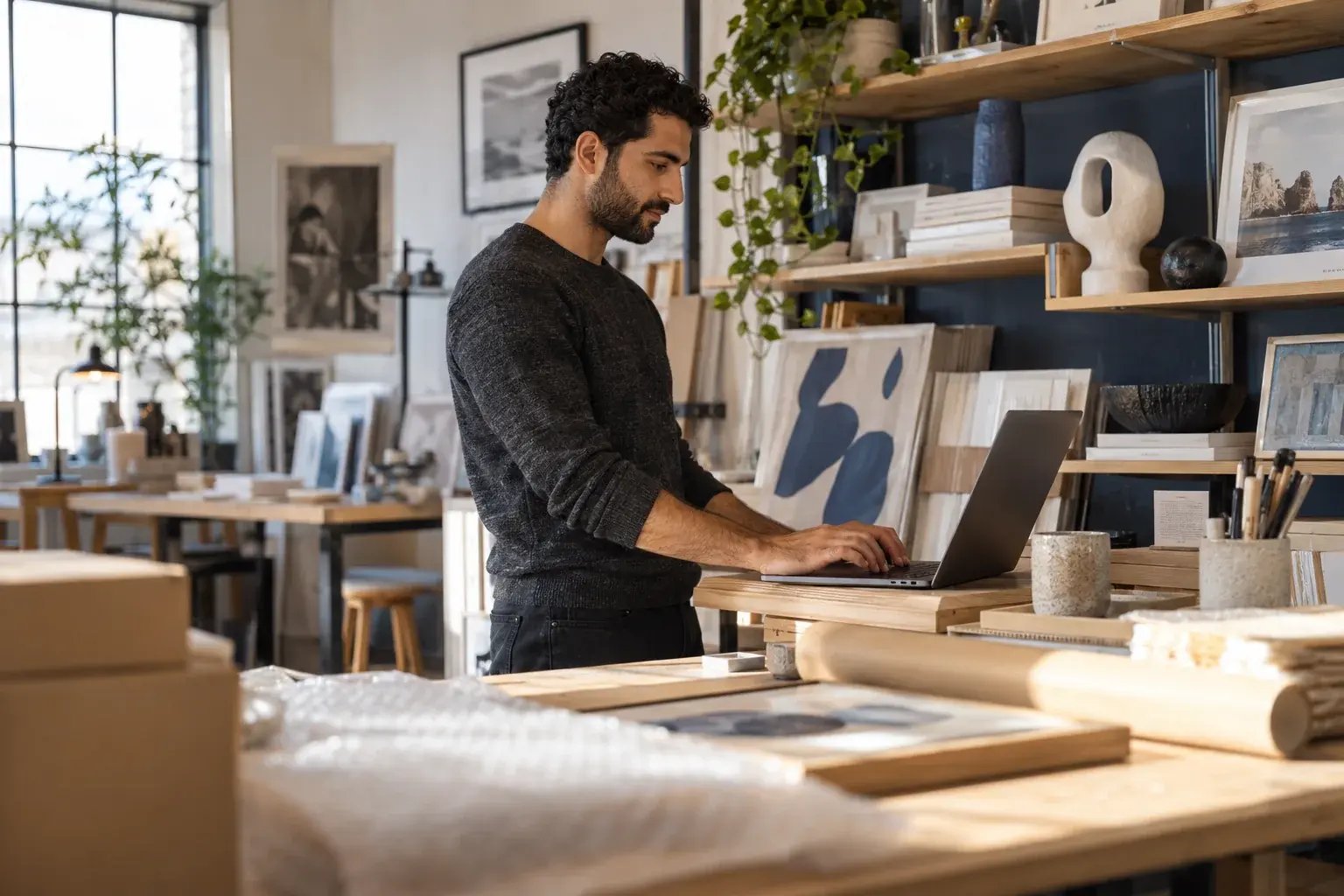 Un entrepreneur organisant les commandes récurrentes près des étagères de produits. Produits : estampes et objets de design.