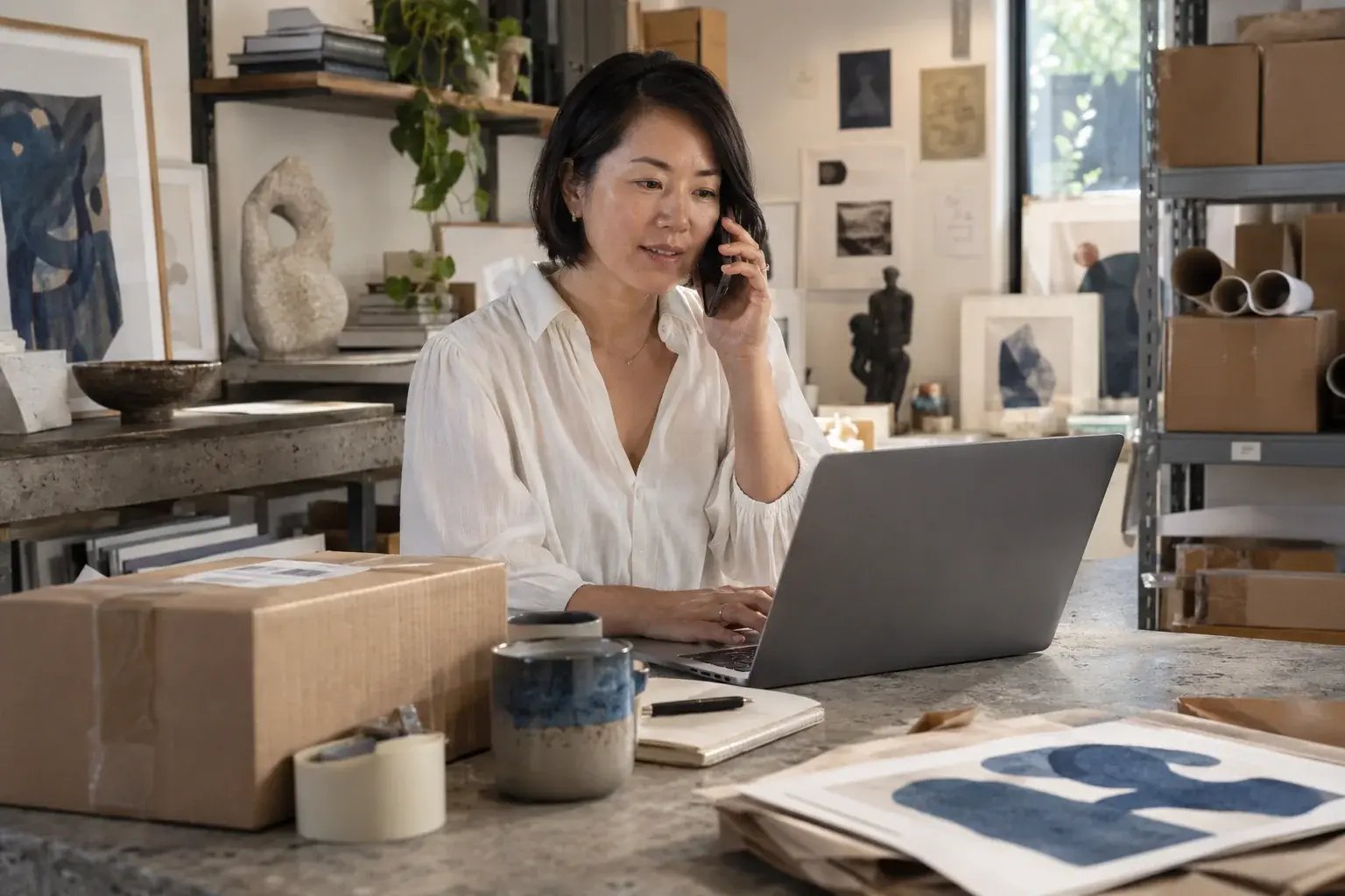 Une professionnelle répondant à une question sur la livraison au bureau. Produits : estampes et objets de design.