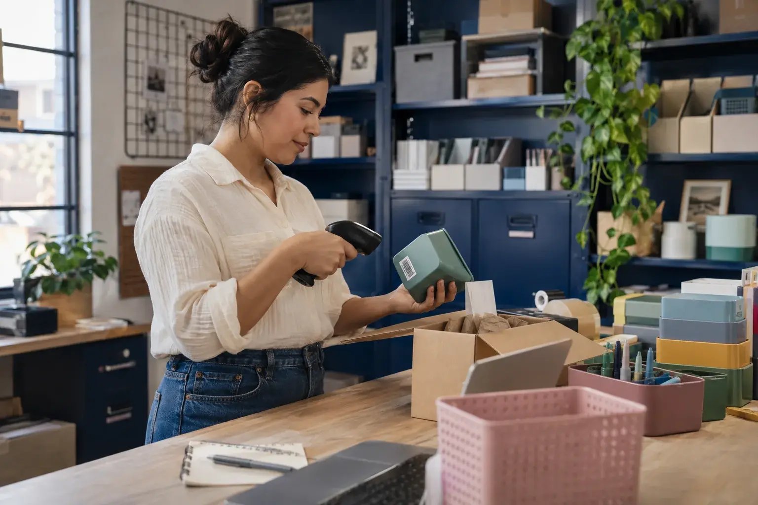 A business professional scanning a product barcode at an efficient packing bench, scanner aimed at a real product, working with colorful household organizers and desk accessories.