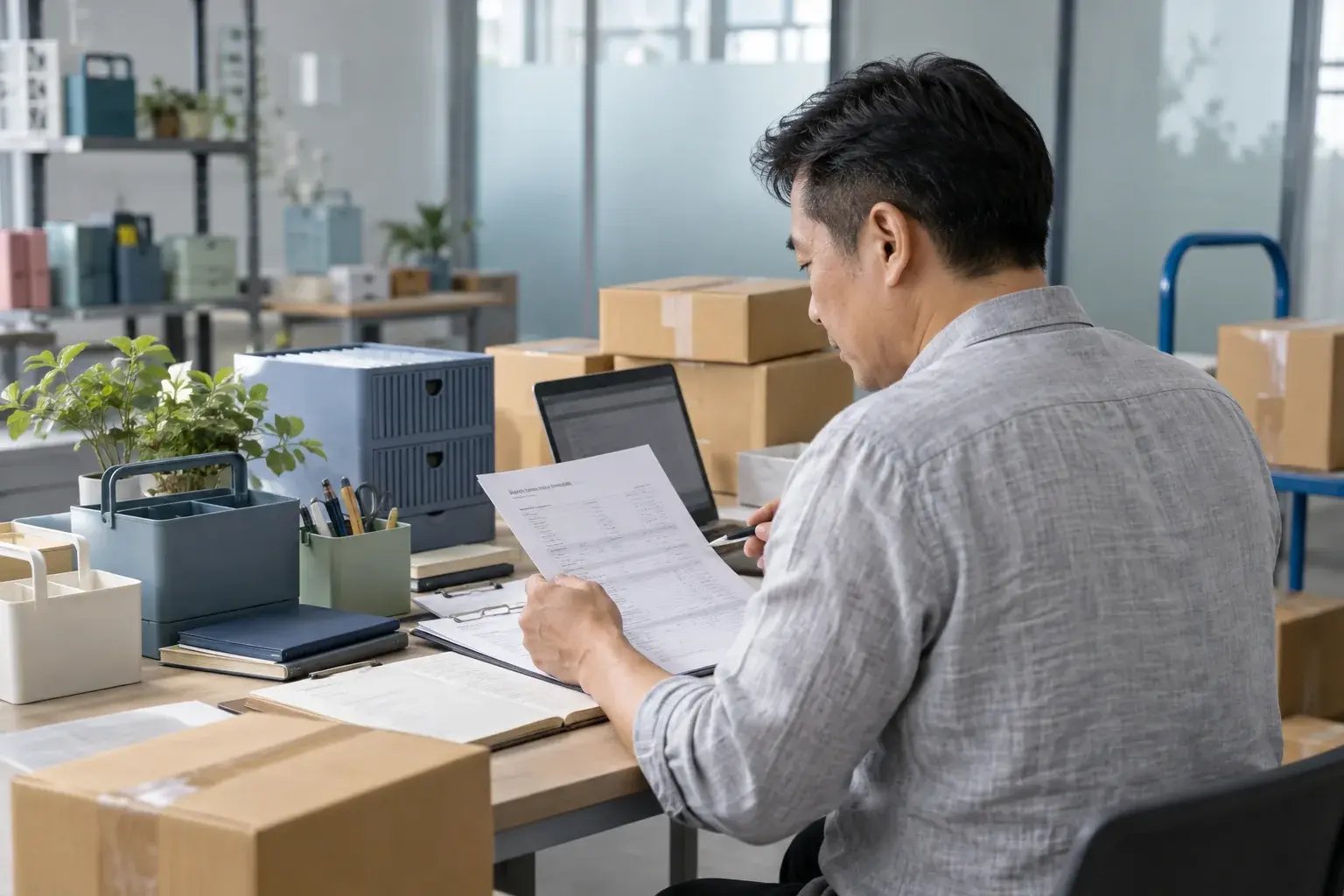 A business professional reviewing export paperwork beside securely packed products in an airy dispatch office, working with colorful household organizers and desk accessories.