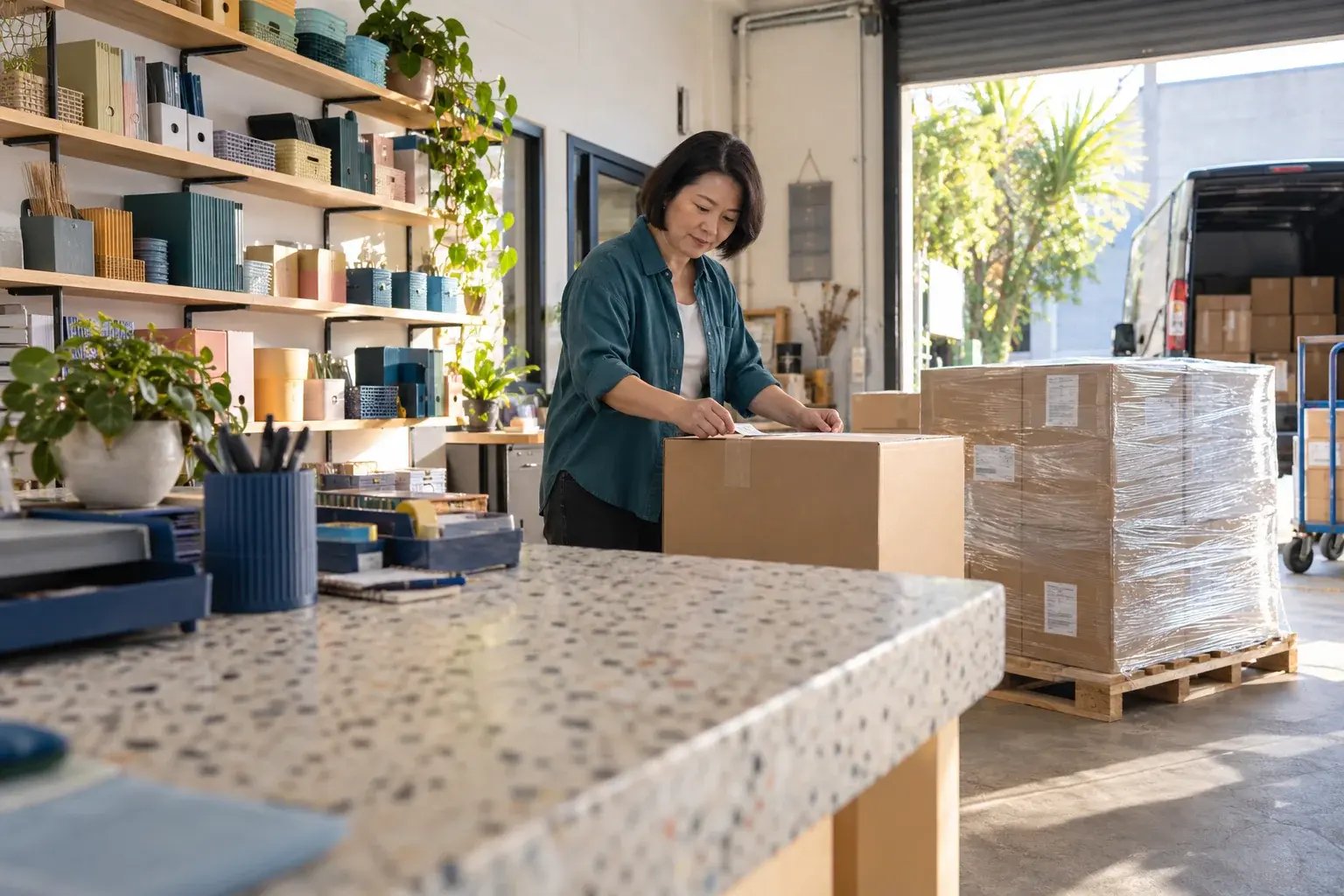 A business professional coordinating a large boxed order beside a securely wrapped pallet in a bright small-business loading area, working with colorful household organizers and desk accessories.