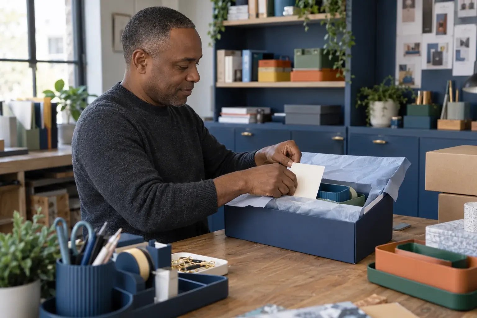 A business professional adding a plain elegant thank-you card and tissue wrap to a beautifully presented product order, working with colorful household organizers and desk accessories.