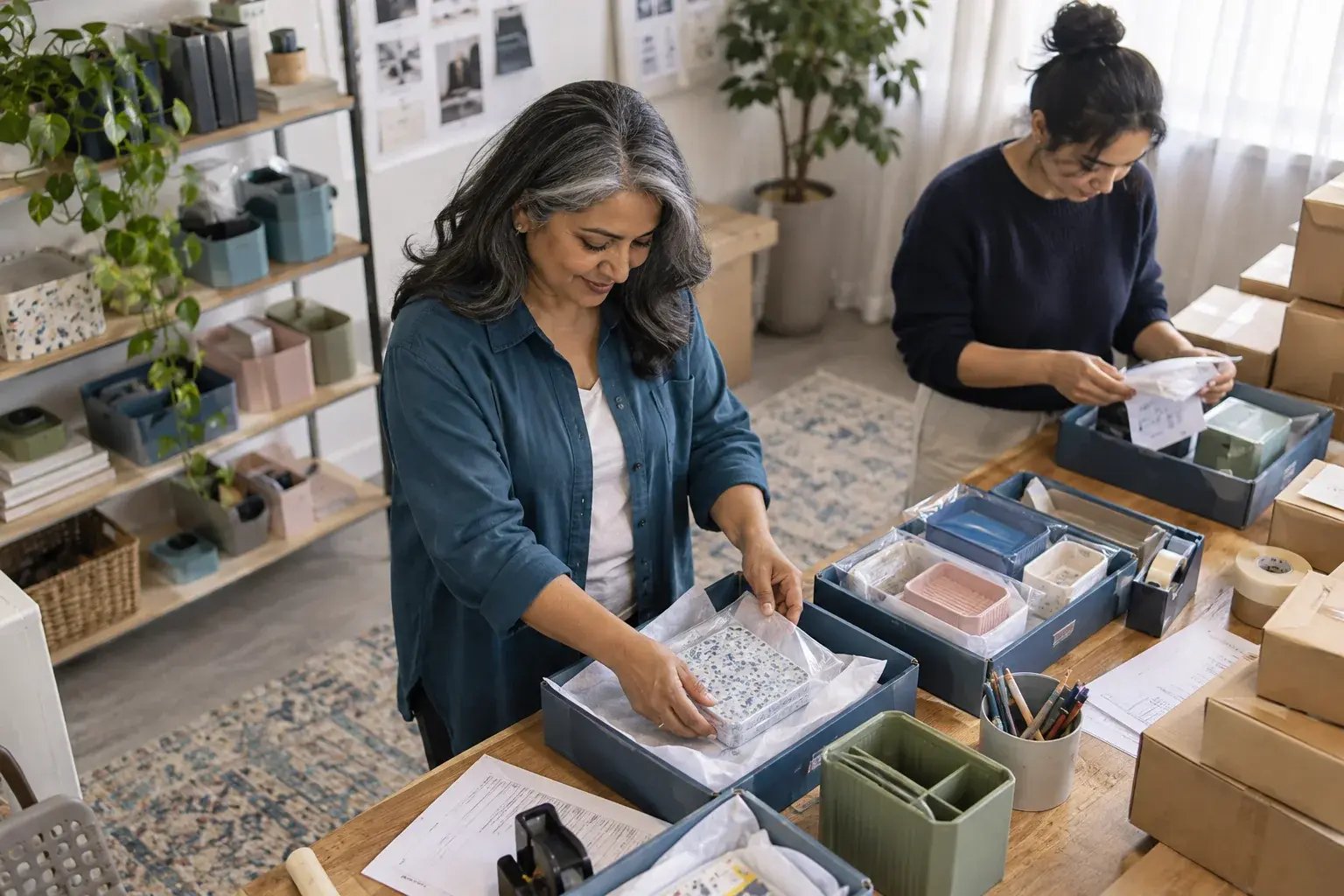 A business professional sorting a batch of individually packed orders into orderly dispatch trays with a coworker, working with colorful household organizers and desk accessories.