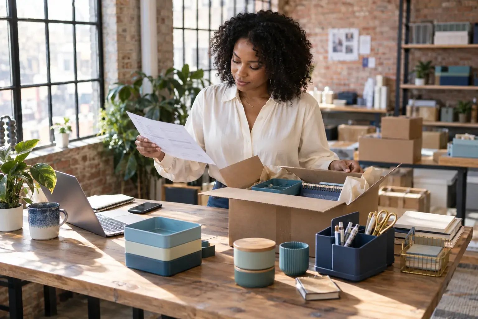 A business professional checking a commercial invoice beside an open product carton at a sunlit desk, working with colorful household organizers and desk accessories.