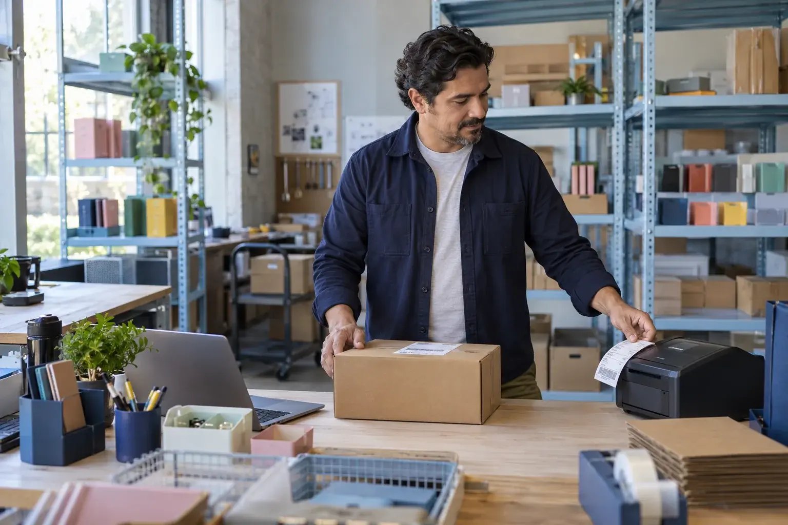A business professional collecting a shipping label from a desktop thermal printer beside a finished parcel, working with colorful household organizers and desk accessories.