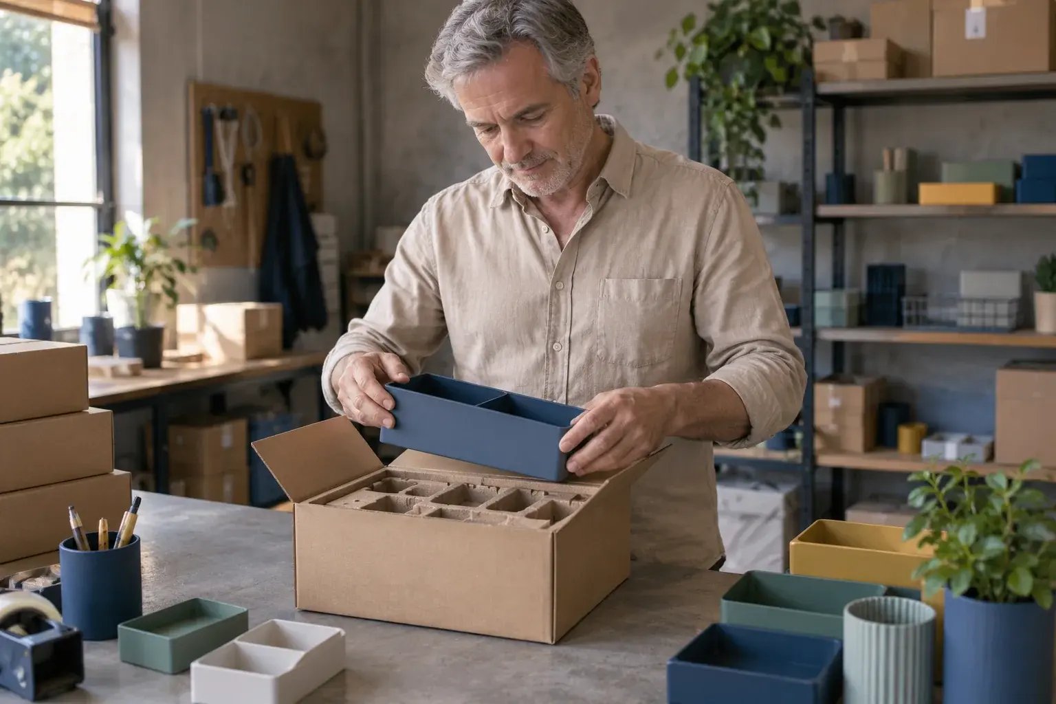 A business professional choosing a well-fitting recyclable carton for a product, kraft inserts visible, working with colorful household organizers and desk accessories.