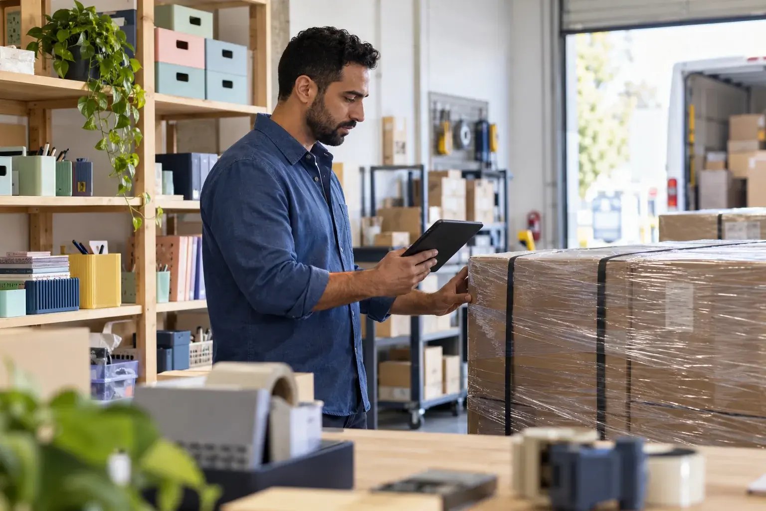 A business professional checking a securely wrapped pallet order with a tablet in an orderly commercial dispatch bay, working with colorful household organizers and desk accessories.