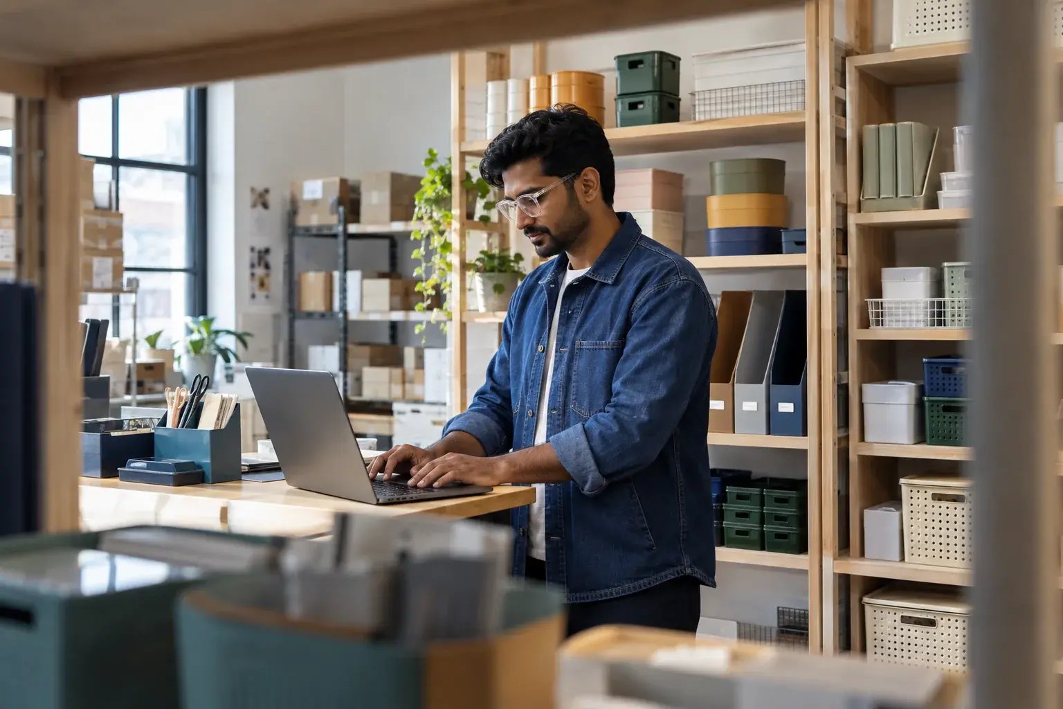 A business professional setting up repeat order preferences at a standing laptop station beside product shelving, working with colorful household organizers and desk accessories.