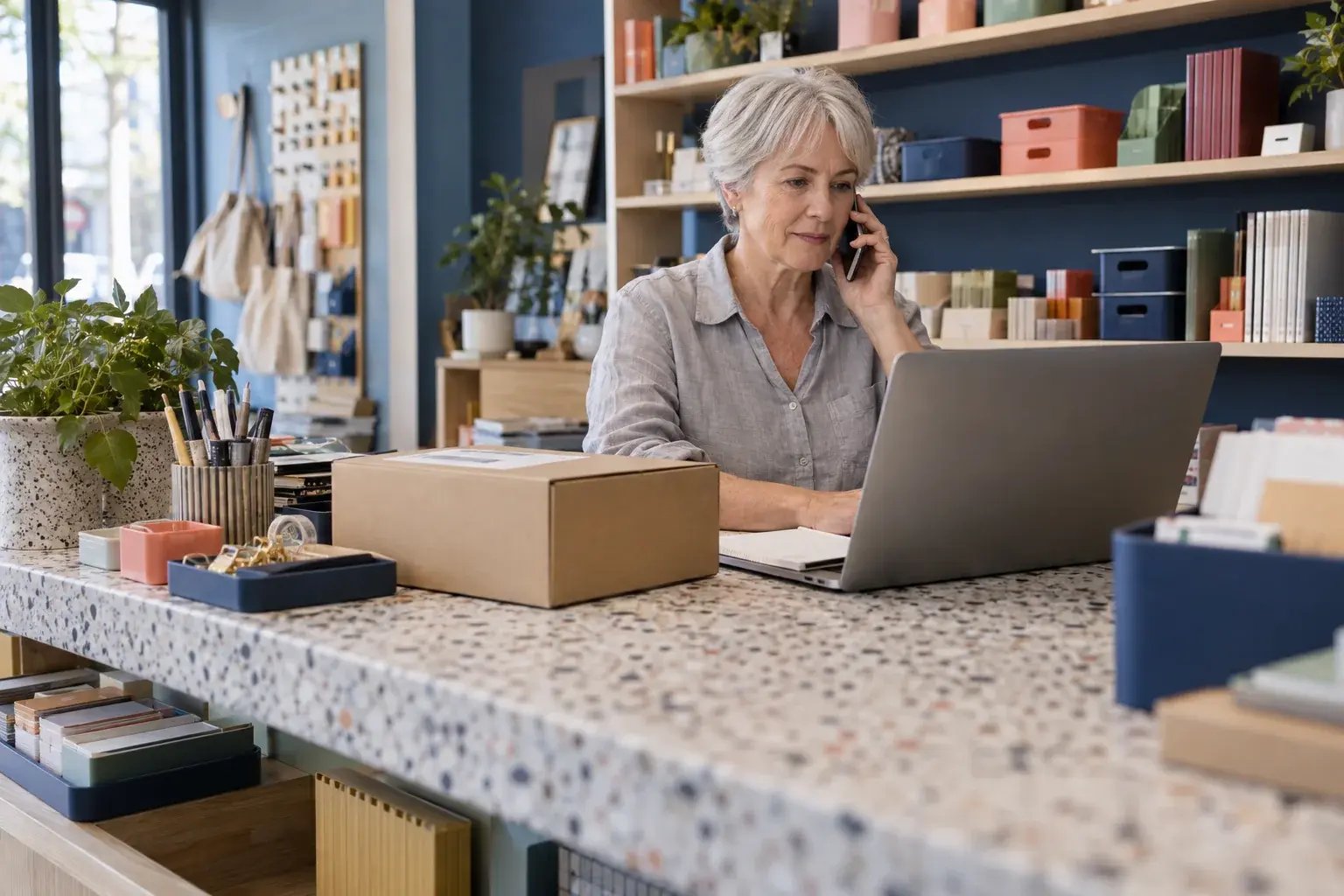 A business professional answering a delivery question by phone while checking a shipment on a laptop in a calm customer service nook, working with colorful household organizers and desk accessories.