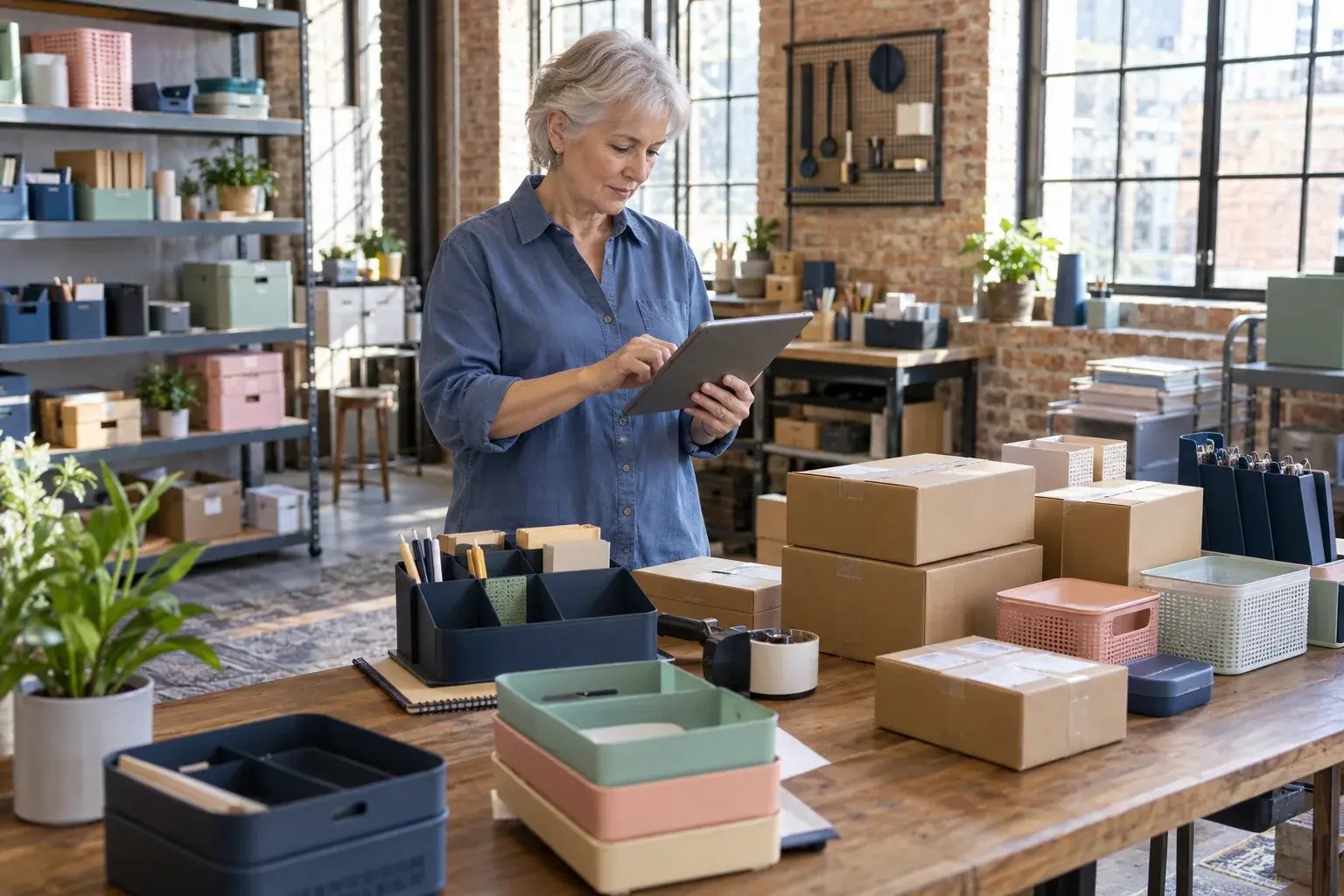 A business professional reviewing incoming online orders on a tablet beside neatly arranged products, working with colorful household organizers and desk accessories.