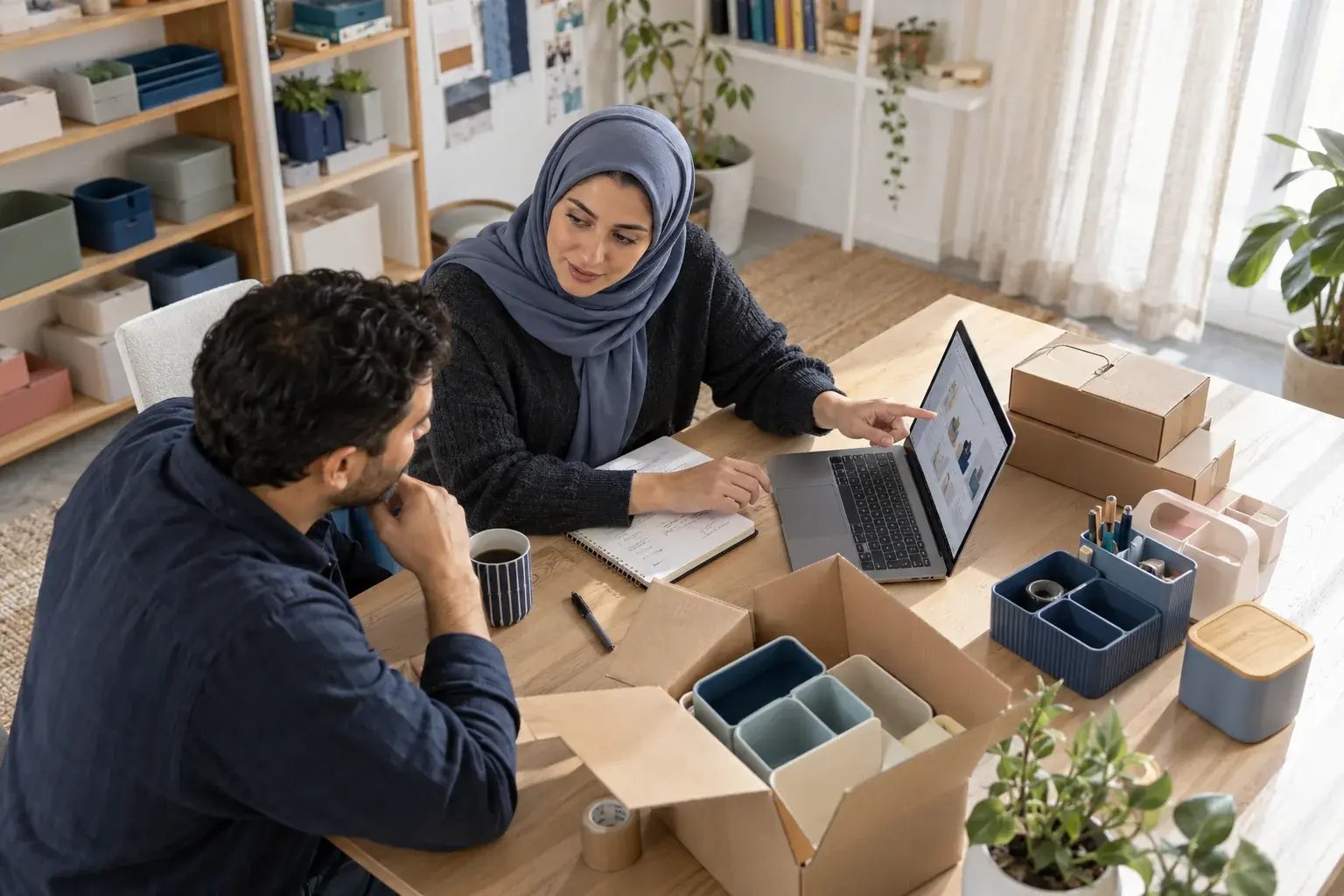 A business professional discussing delivery choices with a colleague, laptop and product cartons on the counter, working with colorful household organizers and desk accessories.