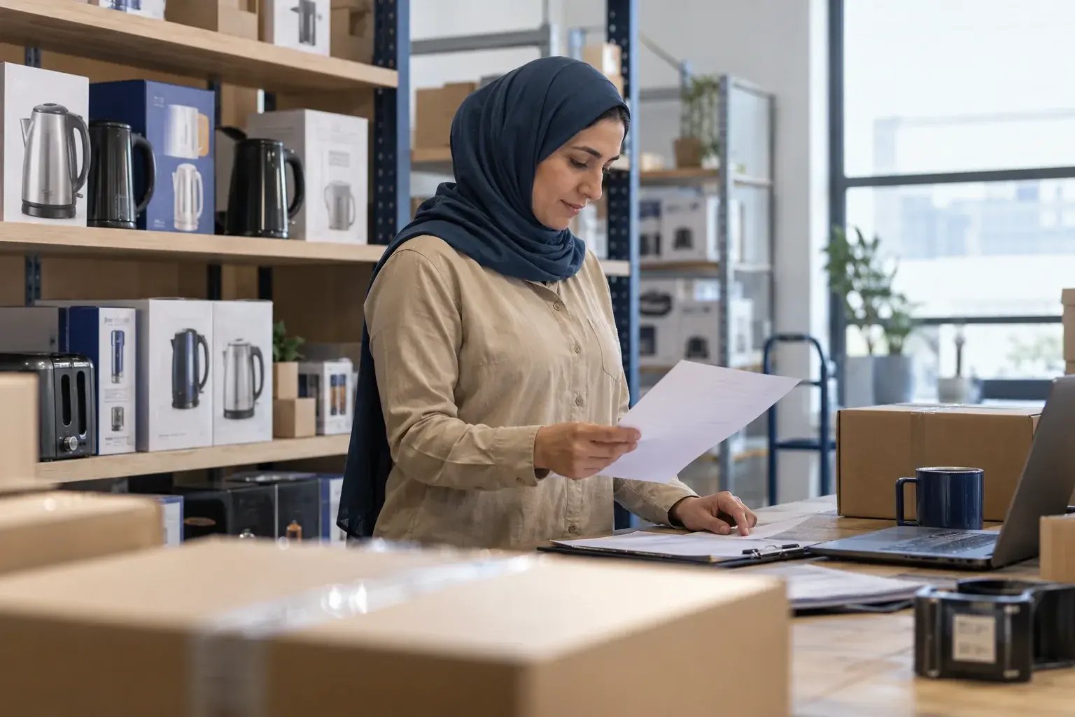 Une entrepreneure préparant les documents d’une commande internationale. Produits : bouilloires et petits électroménagers.