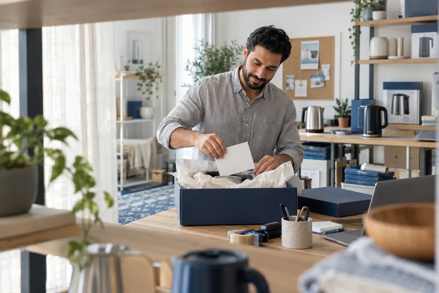 Un entrepreneur soignant la présentation d’une commande et son emballage. Produits : bouilloires et petits électroménagers.