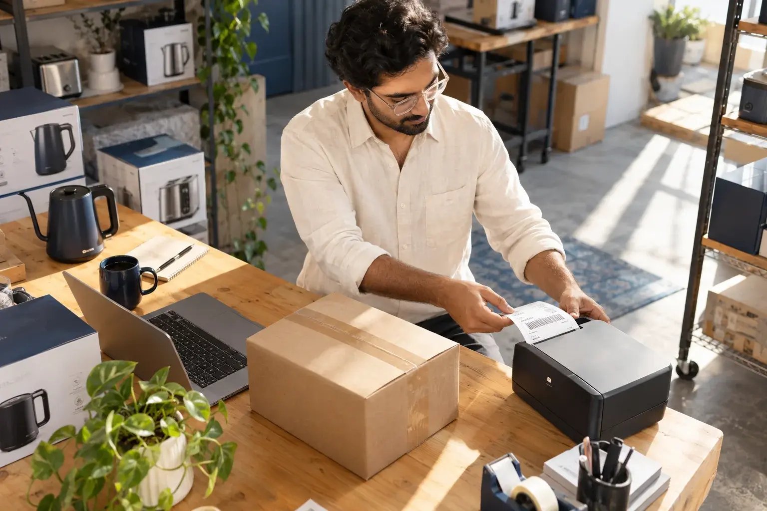 Un entrepreneur récupérant une étiquette d’expédition près d’un colis prêt. Produits : bouilloires et petits électroménagers.