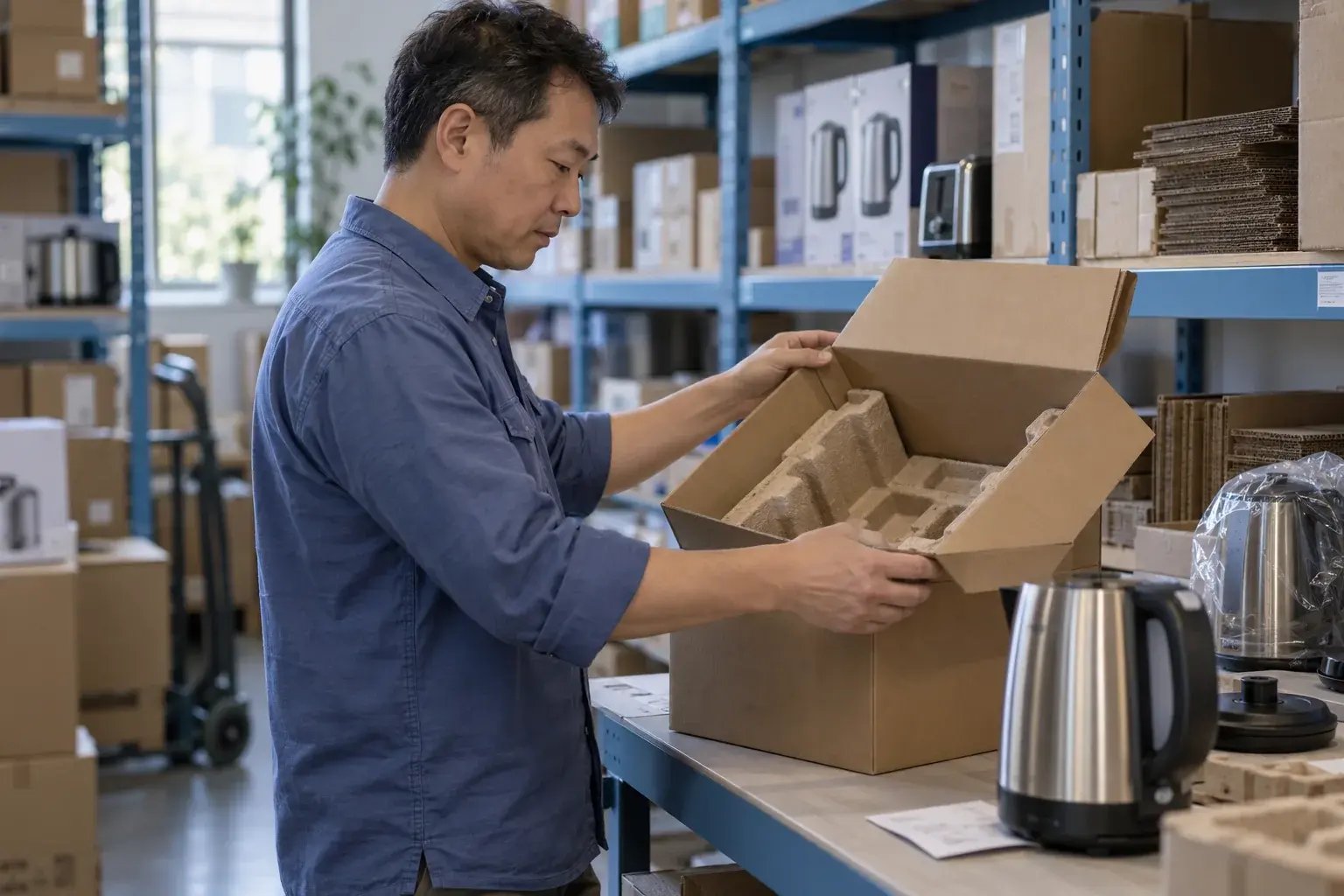 Un entrepreneur choisissant une boîte adaptée à un produit. Produits : bouilloires et petits électroménagers.