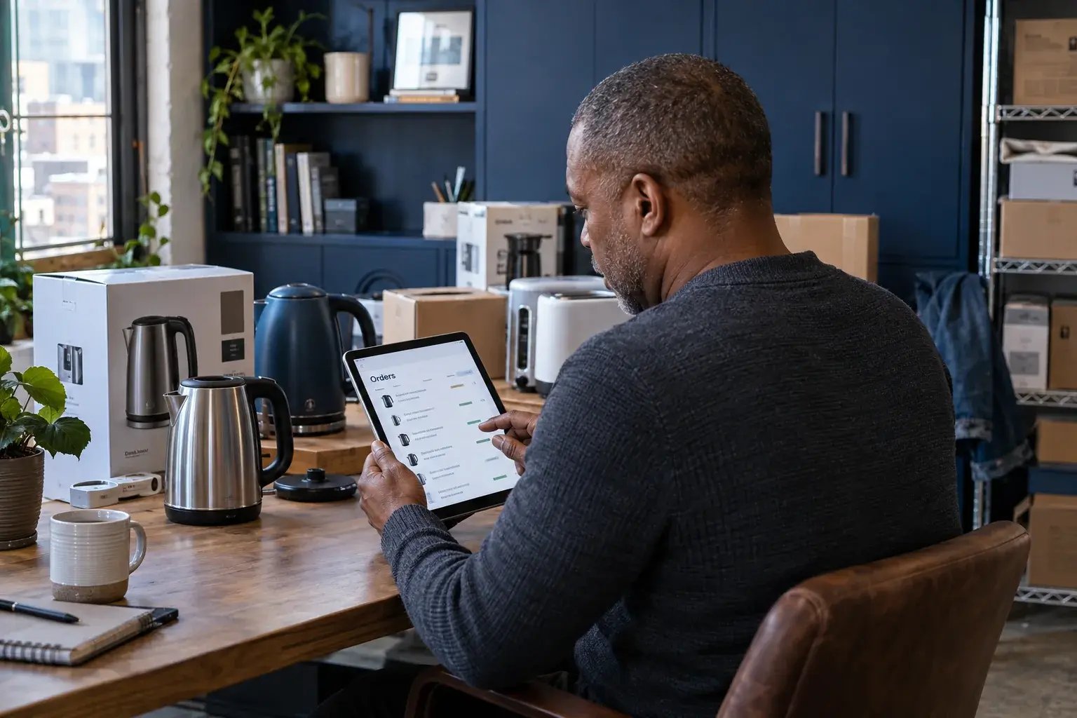 Un professionnel consultant les commandes en ligne sur une tablette. Produits : bouilloires et petits électroménagers.