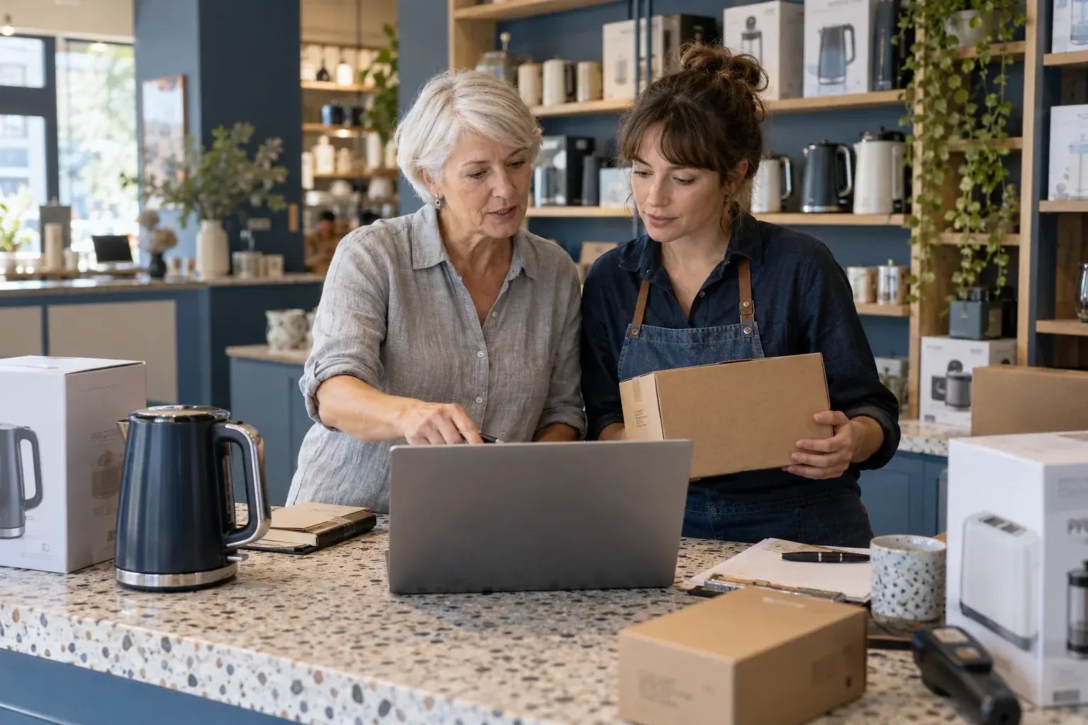 Une professionnelle comparant les options de livraison avec un collègue. Produits : bouilloires et petits électroménagers.