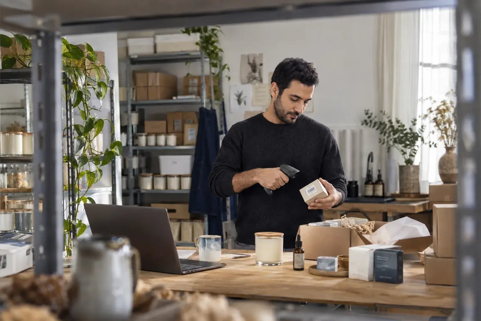 A business professional scanning a product barcode at an efficient packing bench, scanner aimed at a real product, working with small-batch candles and botanical skincare.