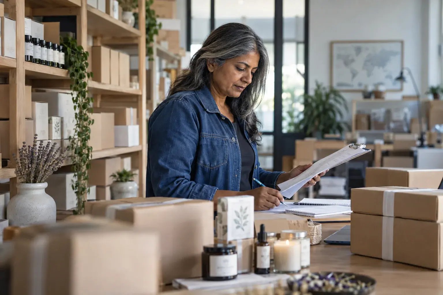 A business professional reviewing export paperwork beside securely packed products in an airy dispatch office, working with small-batch candles and botanical skincare.