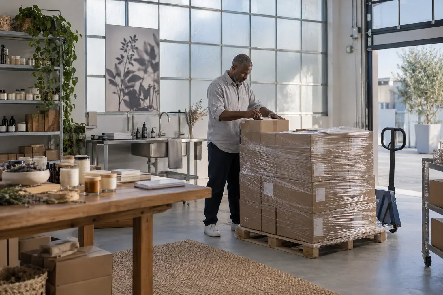 A business professional coordinating a large boxed order beside a securely wrapped pallet in a bright small-business loading area, working with small-batch candles and botanical skincare.