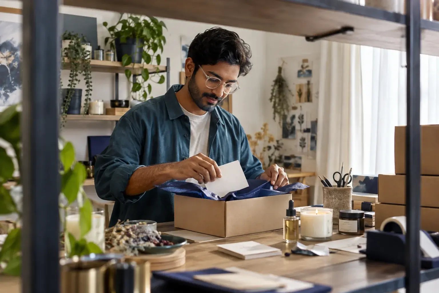 A business professional adding a plain elegant thank-you card and tissue wrap to a beautifully presented product order, working with small-batch candles and botanical skincare.