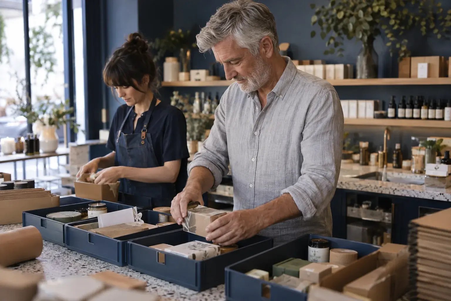 A business professional sorting a batch of individually packed orders into orderly dispatch trays with a coworker, working with small-batch candles and botanical skincare.