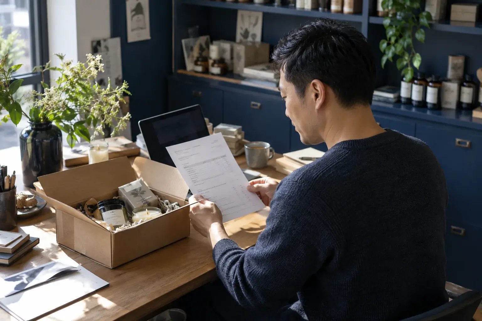 A business professional checking a commercial invoice beside an open product carton at a sunlit desk, working with small-batch candles and botanical skincare.