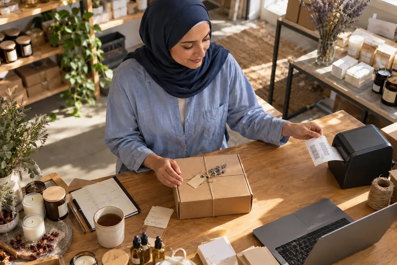 A business professional collecting a shipping label from a desktop thermal printer beside a finished parcel, working with small-batch candles and botanical skincare.