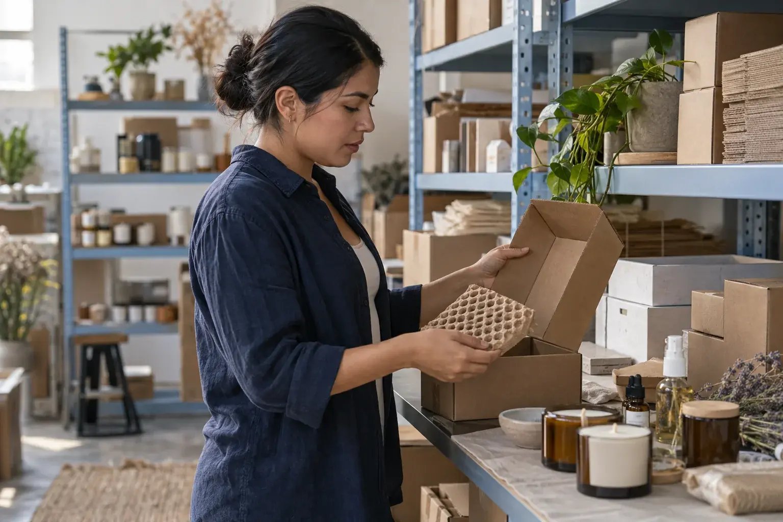 A business professional choosing a well-fitting recyclable carton for a product, kraft inserts visible, working with small-batch candles and botanical skincare.