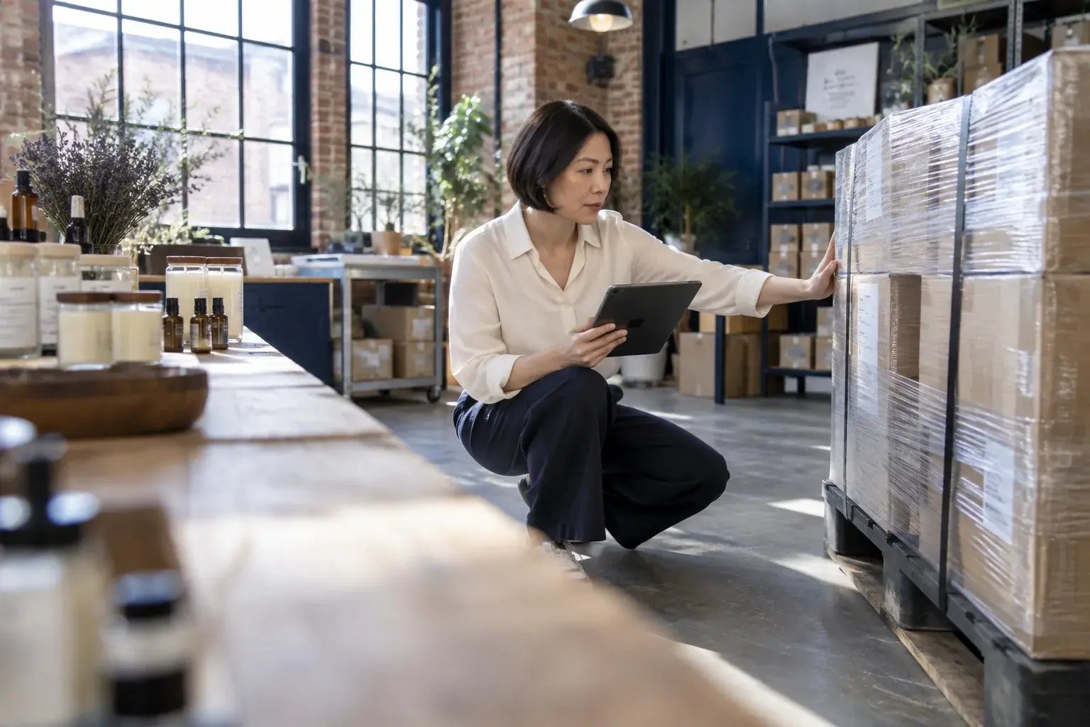 A business professional checking a securely wrapped pallet order with a tablet in an orderly commercial dispatch bay, working with small-batch candles and botanical skincare.