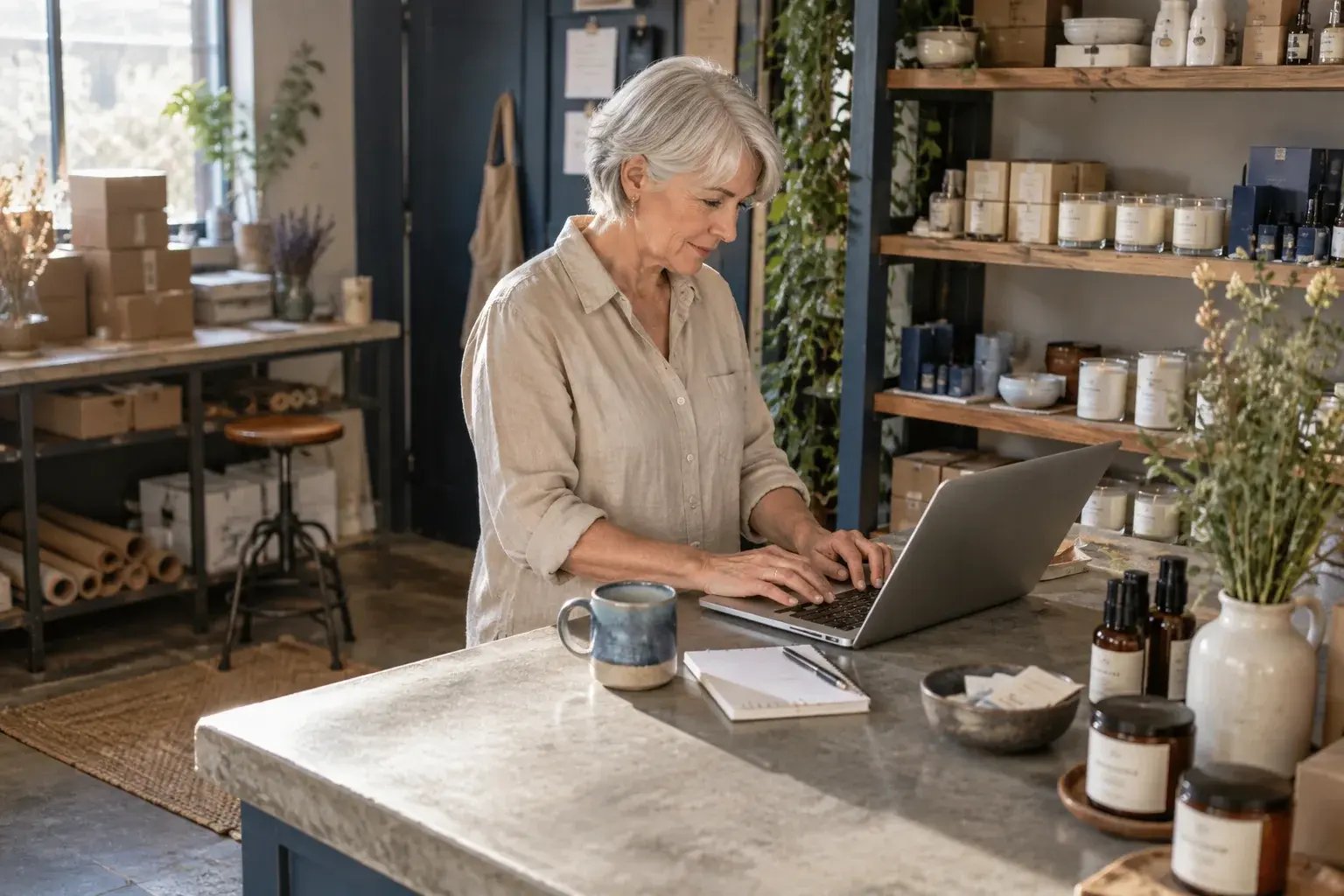 A business professional setting up repeat order preferences at a standing laptop station beside product shelving, working with small-batch candles and botanical skincare.