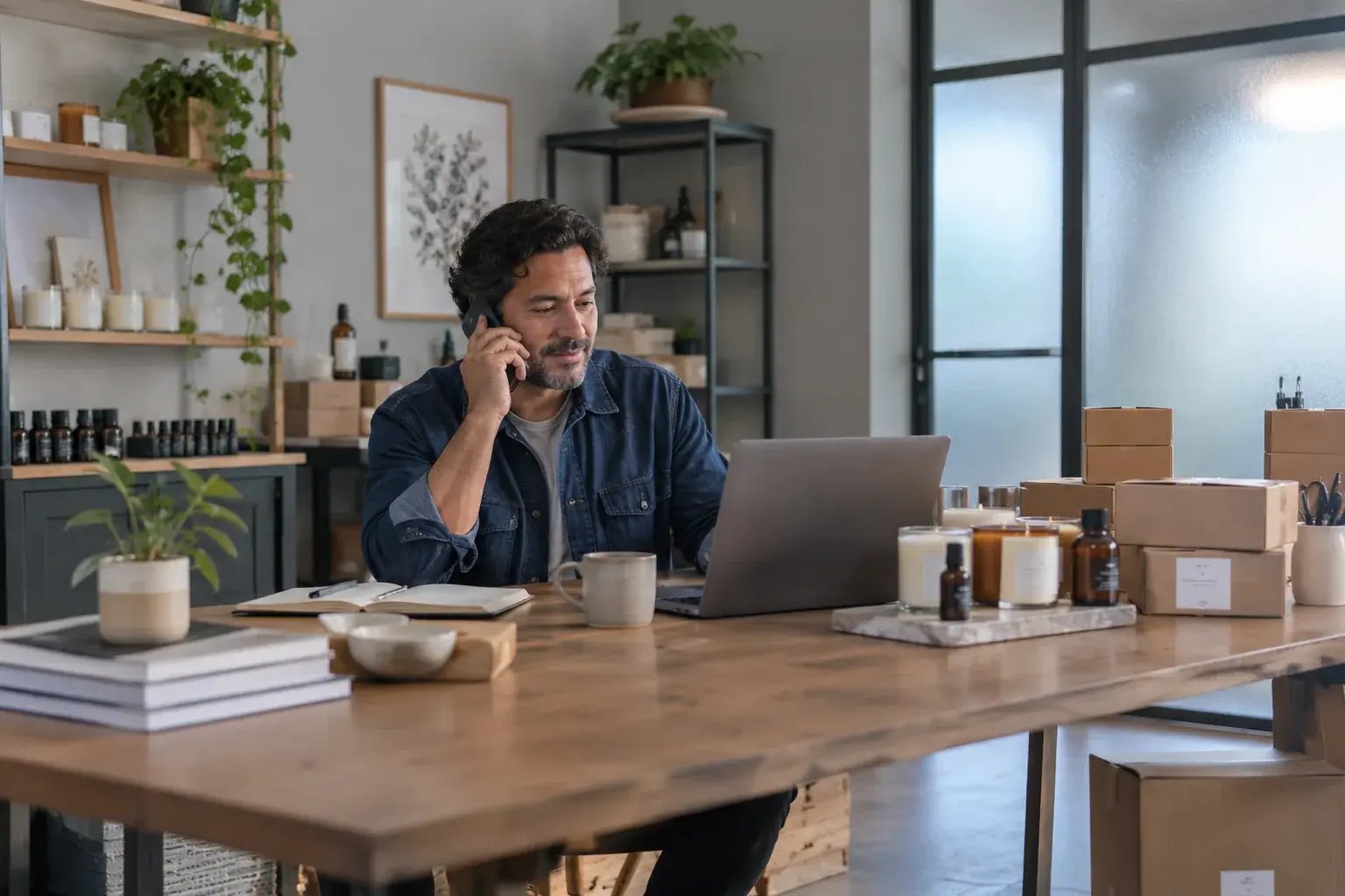 A business professional answering a delivery question by phone while checking a shipment on a laptop in a calm customer service nook, working with small-batch candles and botanical skincare.