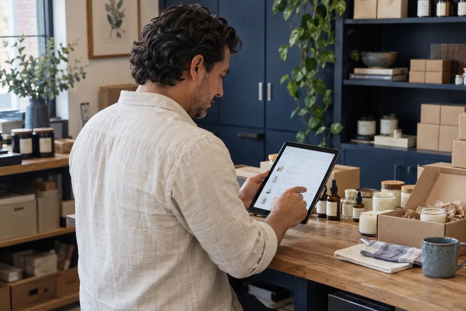 A business professional reviewing incoming online orders on a tablet beside neatly arranged products, working with small-batch candles and botanical skincare.