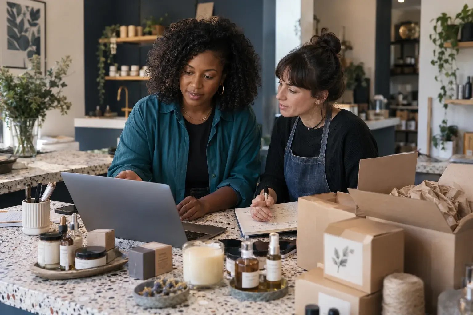 A business professional discussing delivery choices with a colleague, laptop and product cartons on the counter, working with small-batch candles and botanical skincare.