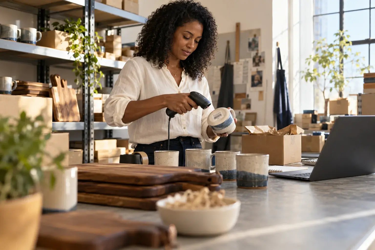 Une entrepreneure numérisant un produit au poste d’emballage. Produits : tasses en céramique et planches de cuisine en noyer.
