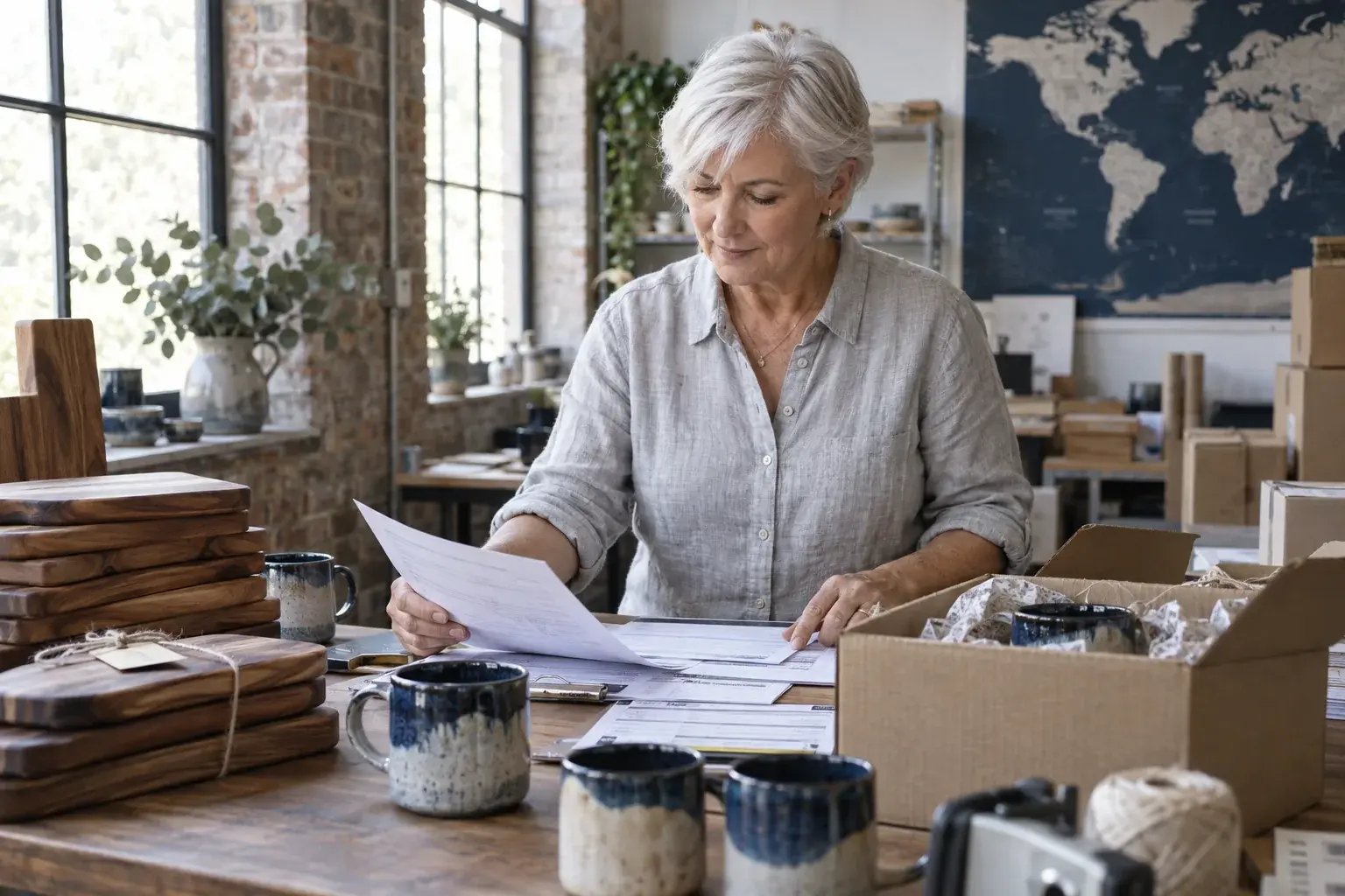 Une professionnelle préparant les documents d’une commande internationale. Produits : tasses en céramique et planches de cuisine en noyer.