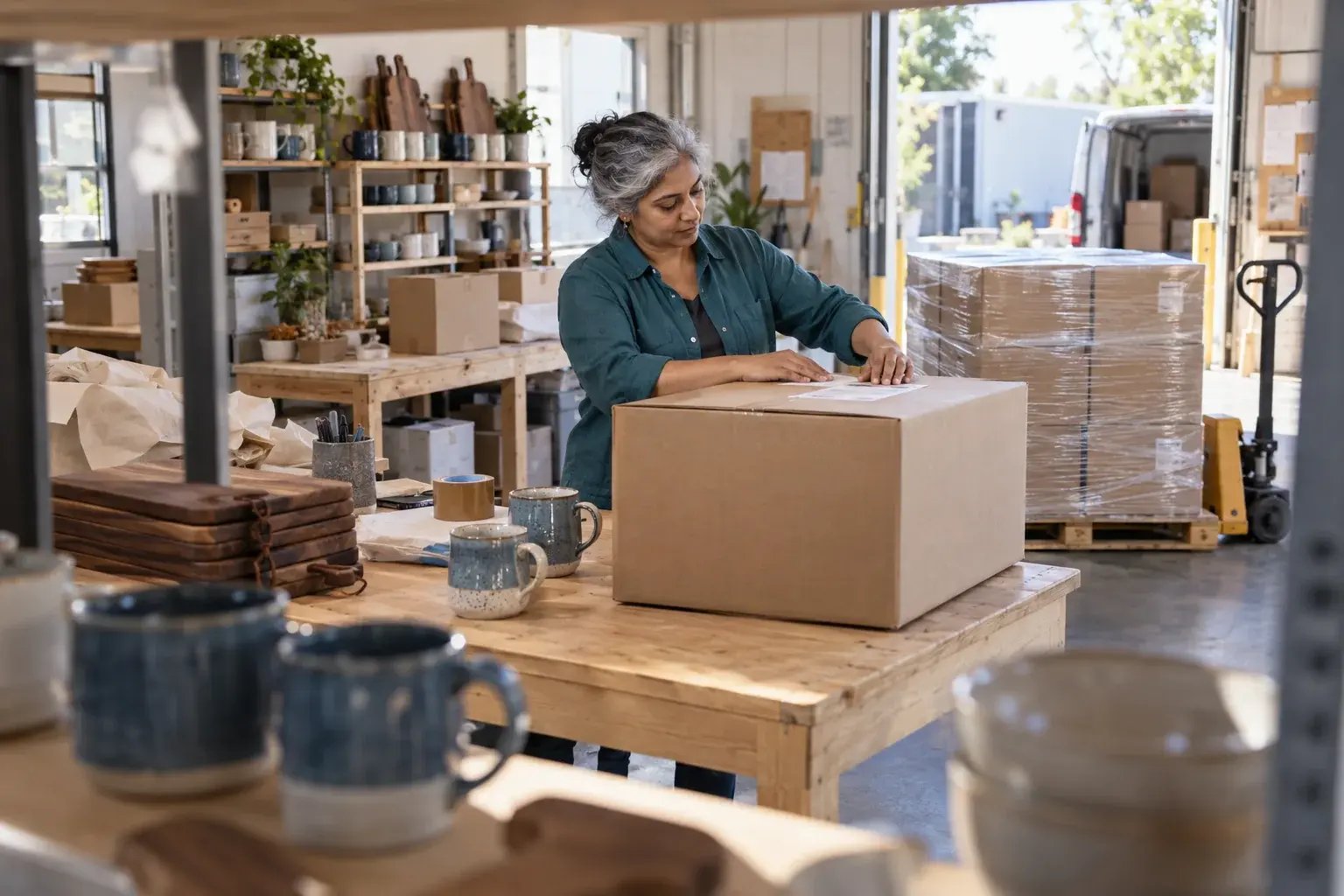 Une professionnelle coordonnant une commande volumineuse près d’une palette. Produits : tasses en céramique et planches de cuisine en noyer.