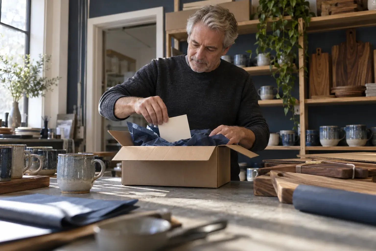 Un professionnel soignant la présentation d’une commande et son emballage. Produits : tasses en céramique et planches de cuisine en noyer.