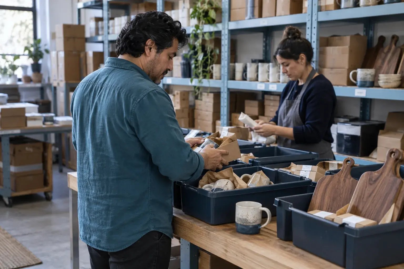 Un professionnel organisant un lot de commandes avec un collègue. Produits : tasses en céramique et planches de cuisine en noyer.