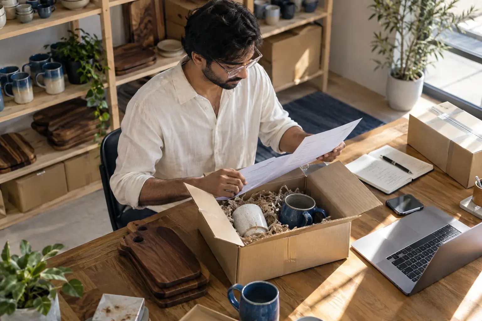 Un entrepreneur vérifiant les documents d’un envoi transfrontalier. Produits : tasses en céramique et planches de cuisine en noyer.