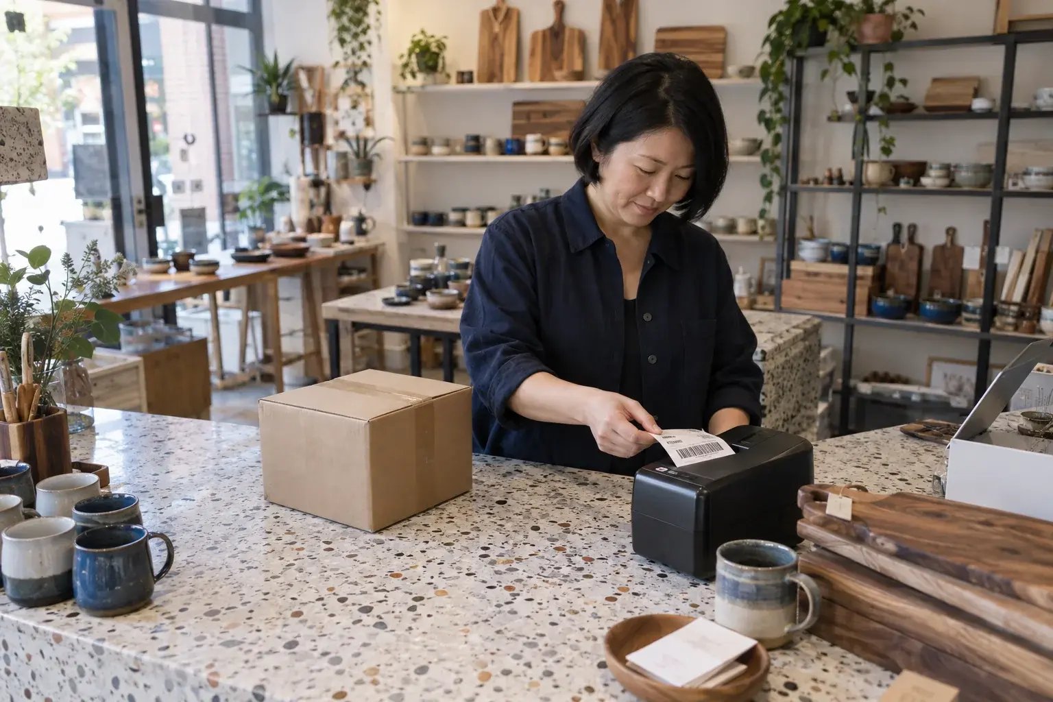 Une professionnelle récupérant une étiquette d’expédition près d’un colis prêt. Produits : tasses en céramique et planches de cuisine en noyer.