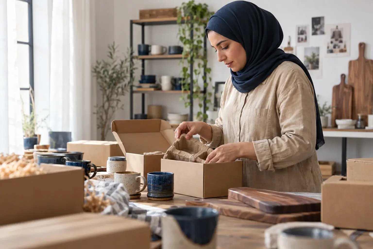 Une entrepreneure choisissant une boîte adaptée à un produit. Produits : tasses en céramique et planches de cuisine en noyer.