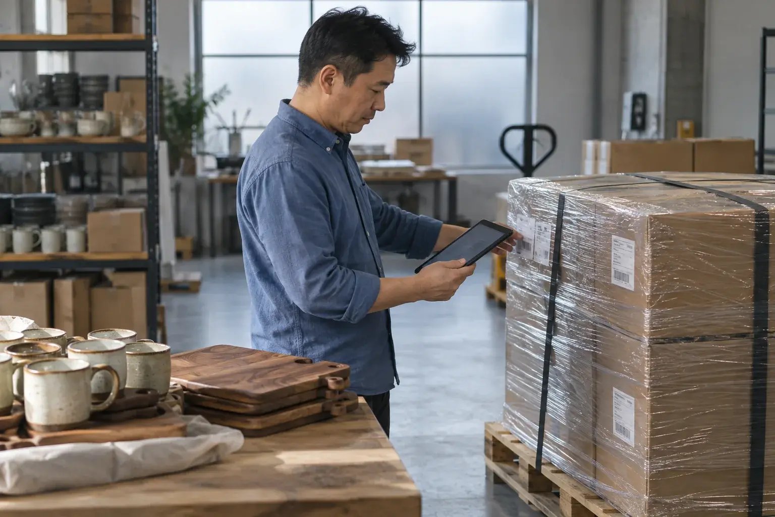 Un entrepreneur vérifiant une commande sur palette à l’aide d’une tablette. Produits : tasses en céramique et planches de cuisine en noyer.