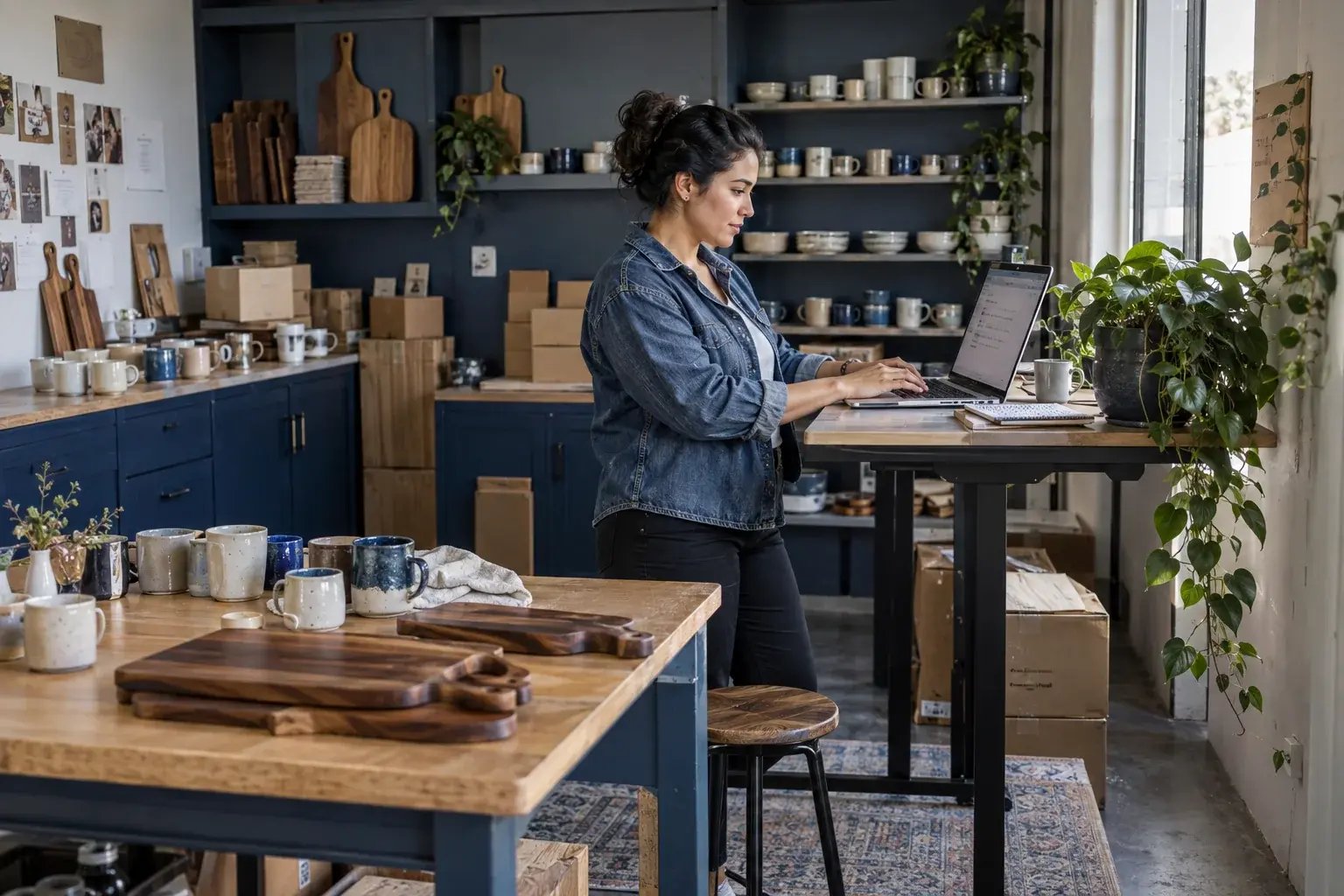 Une entrepreneure organisant les commandes récurrentes près des étagères de produits. Produits : tasses en céramique et planches de cuisine en noyer.