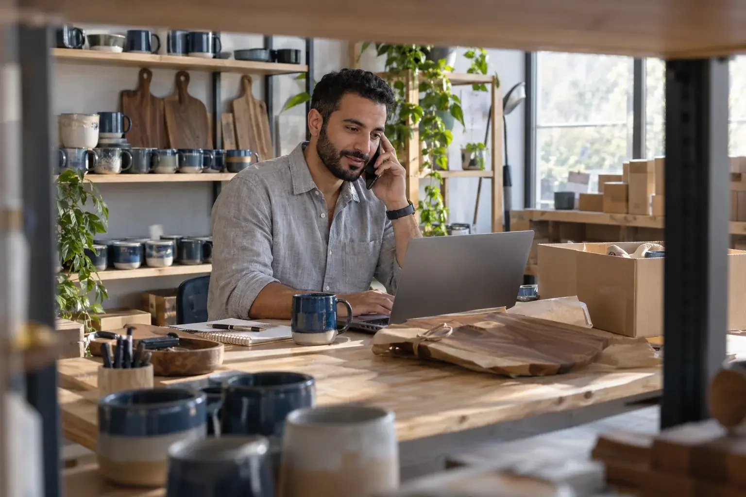 Un entrepreneur répondant à une question sur la livraison au bureau. Produits : tasses en céramique et planches de cuisine en noyer.