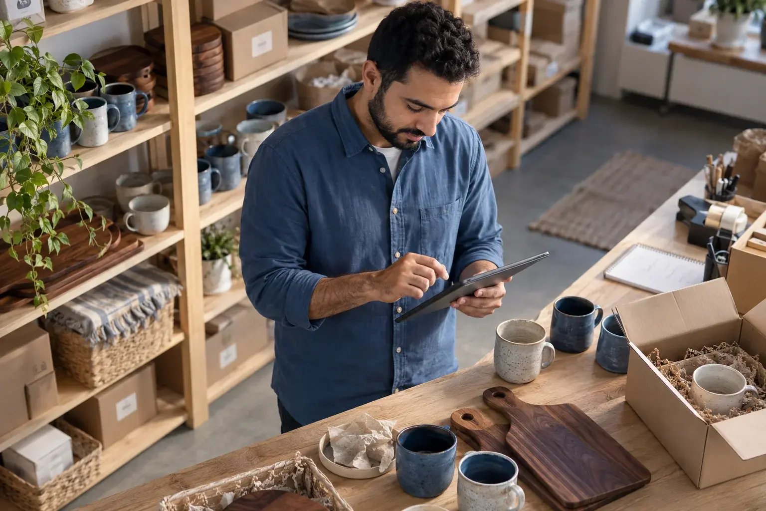 Un entrepreneur consultant les commandes en ligne sur une tablette. Produits : tasses en céramique et planches de cuisine en noyer.