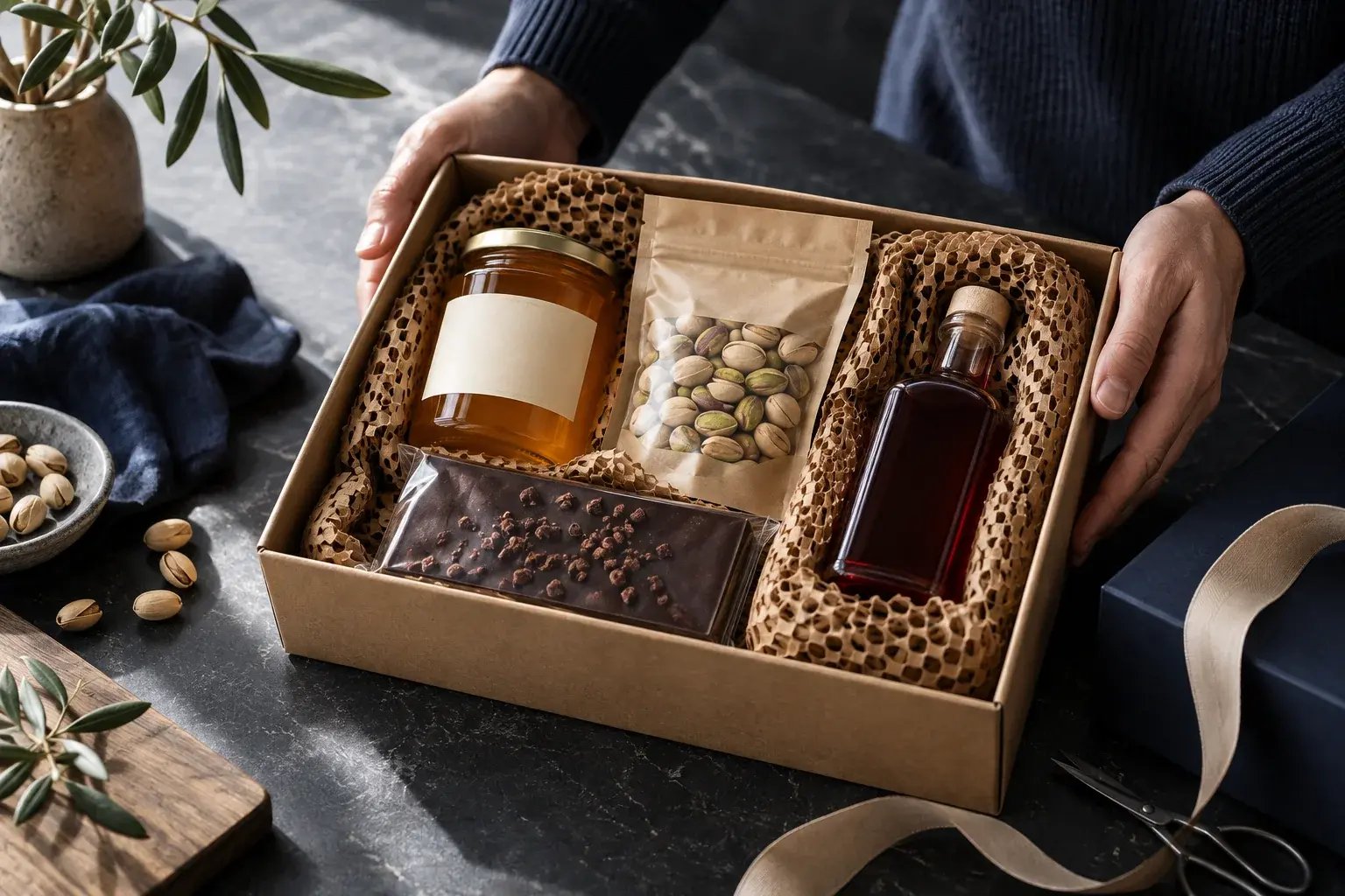 Produits d’épicerie fine protégés dans un colis cadeau.