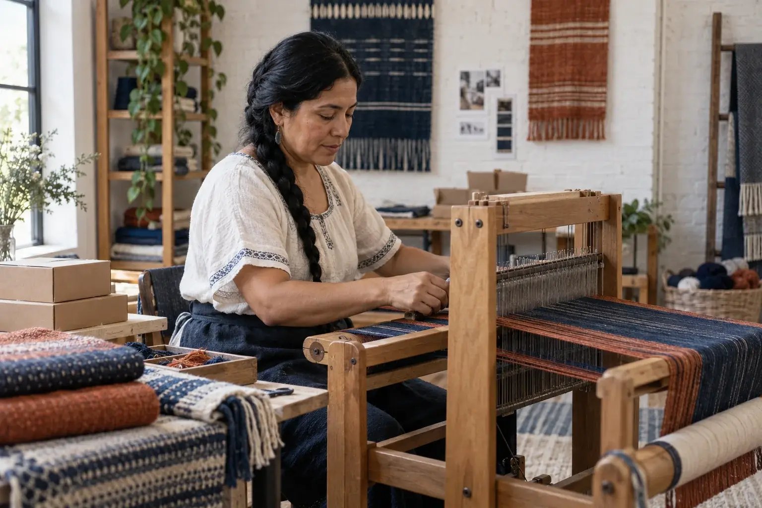 Artisane textile tissant une écharpe dans son atelier indépendant.